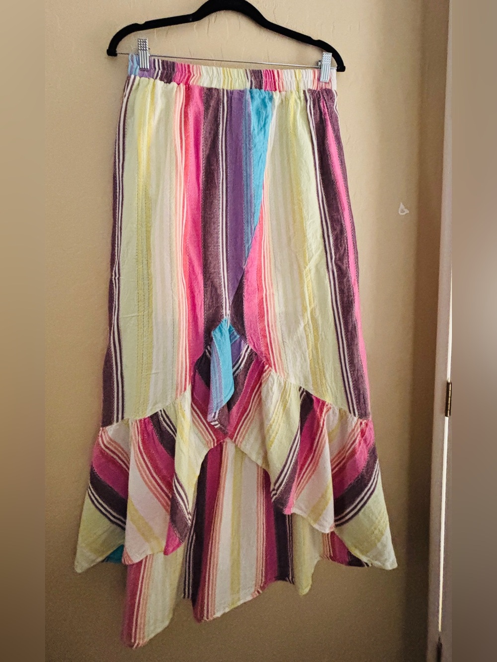 Blue Rain Striped High-Low Cotton Maxi Skirt in Yellow, Pink & Blue ~ Women’s M
